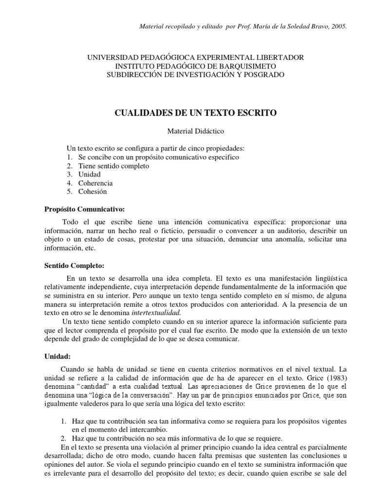 Caracteristicas Del Texto Escrito Palabra Oración