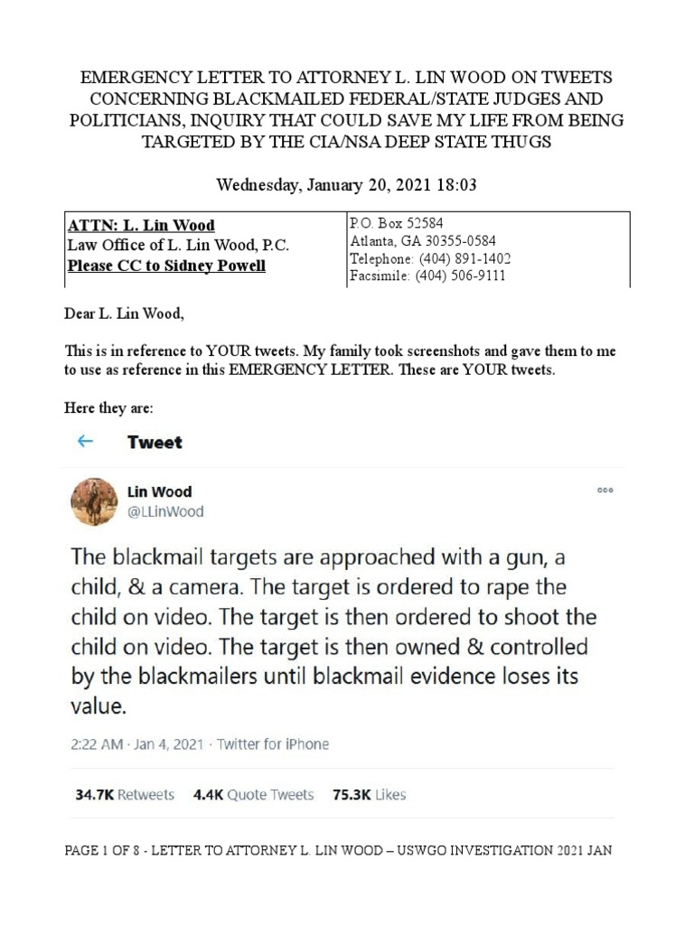 Letter To Attorney L. Lin Wood E28093 Uswgo Investigation PDF