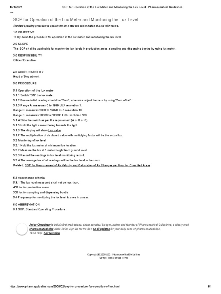 SOP For Operation of The Lux Meter and Monitoring The Lux Level Pharmaceutical Guidelines