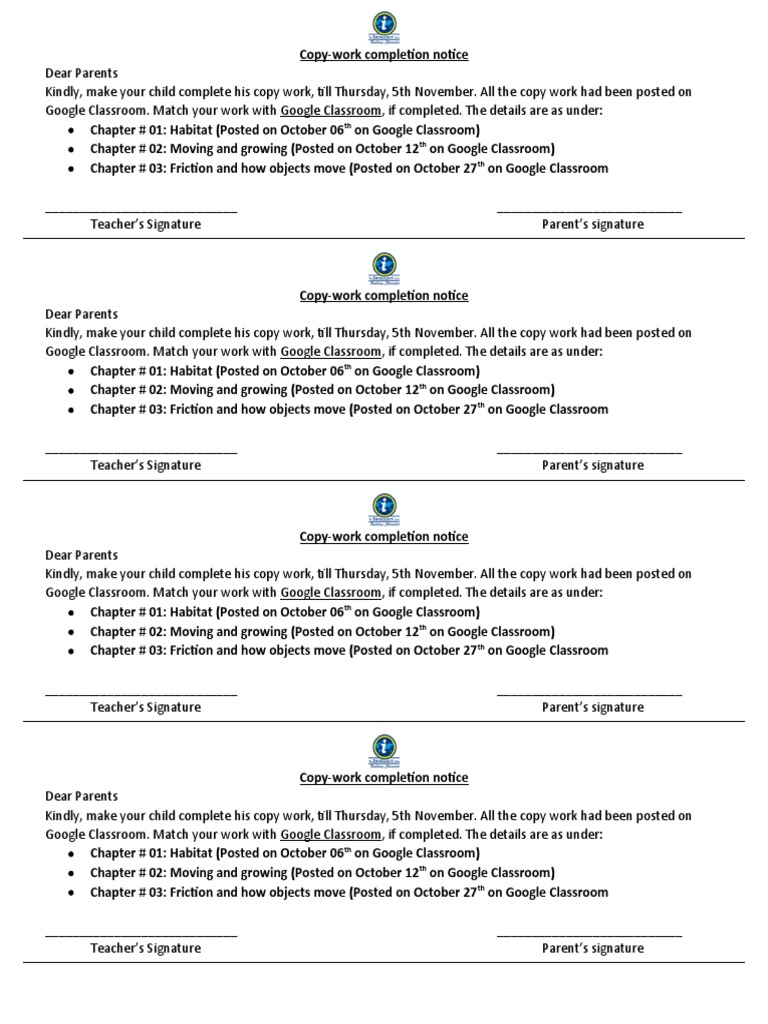 Notice Regarding Completion of Student Copy Work Assignments by