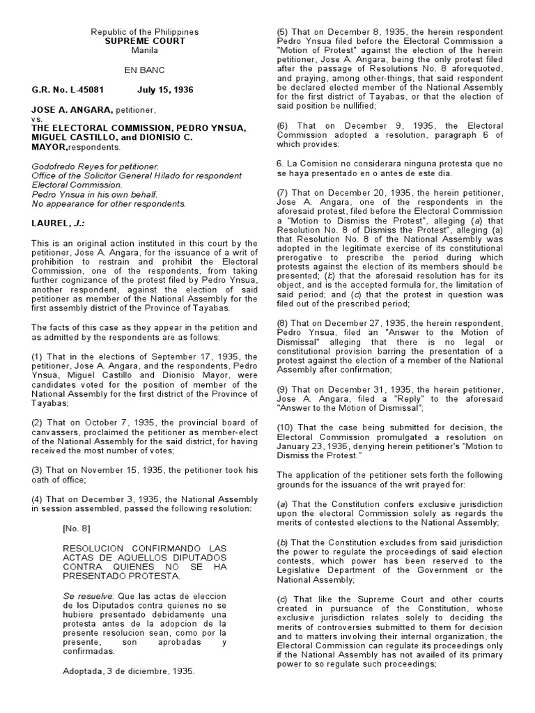Angara vs. Electoral Commission Case | PDF | Supreme Courts | Constitution