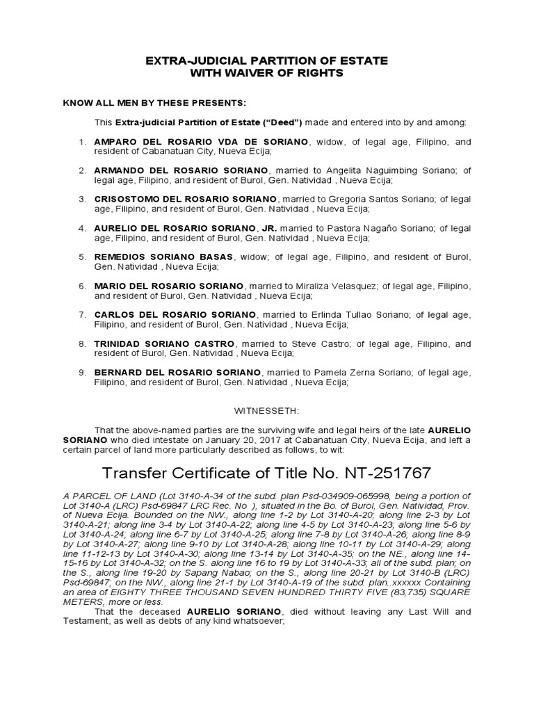 Extra Judicial Partition of Estate PDF Civil Law Law