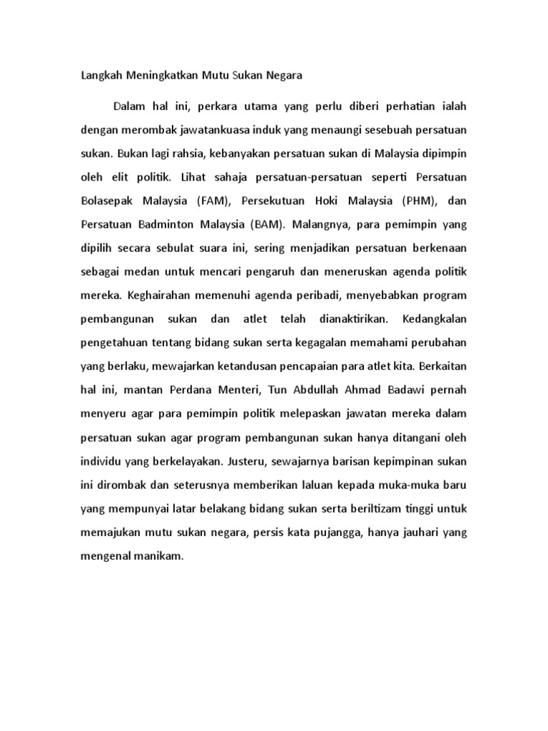 Langkah Meningkatkan Mutu Sukan Negara Pdf