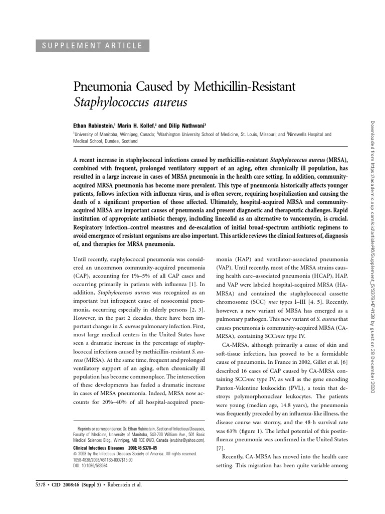 Pneumonia Caused by Methicillin-Resistant: Staphylococcus Aureus | PDF ...