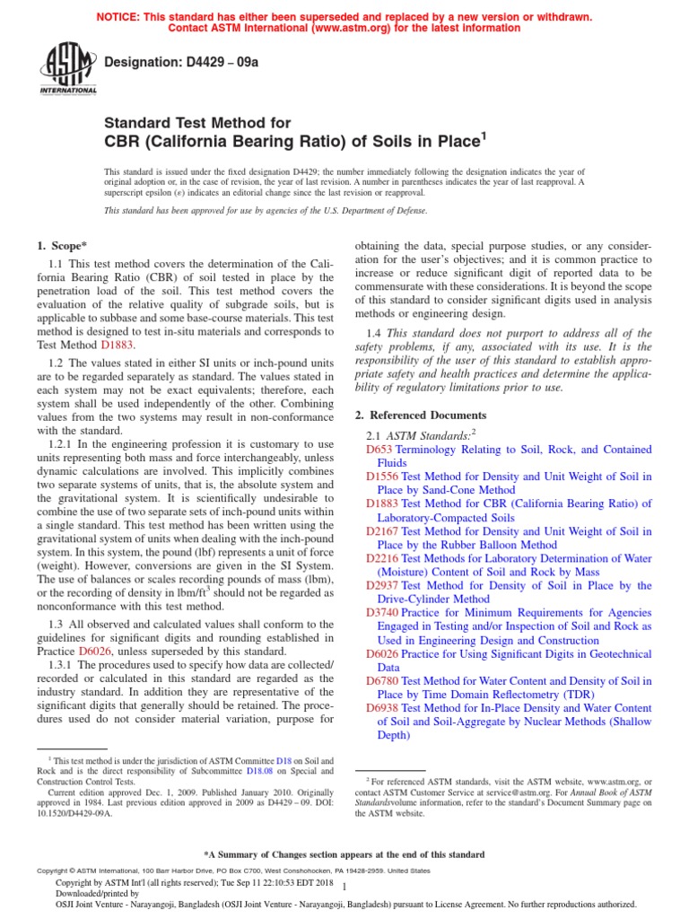 CBR Test Method for In-Place Soils | PDF | Density | Weight