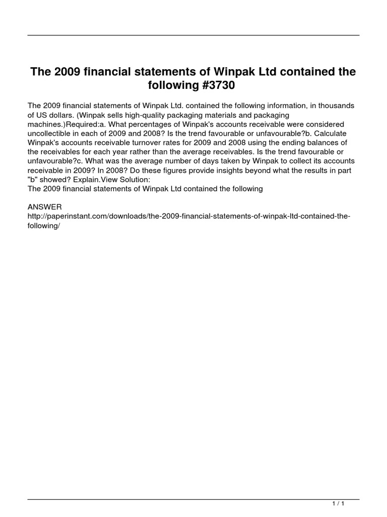 Winpak Ltd 2009 Financial Analysis | PDF