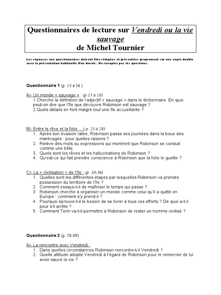 Vendredi Ou La Vie Sauvage Questionnaire Corrigé Questionnaires de Lecture Sur Vendredi Ou La Vie Sauvage | PDF