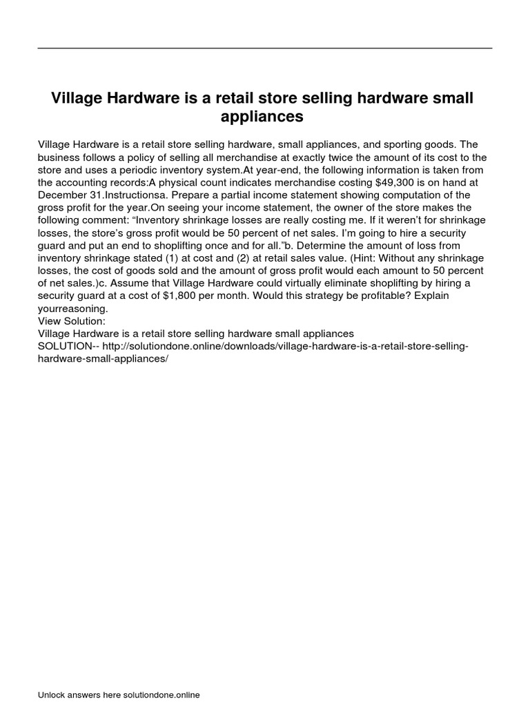 Village Hardware Is A Retail Store Selling Hardware Small Appliances PDF