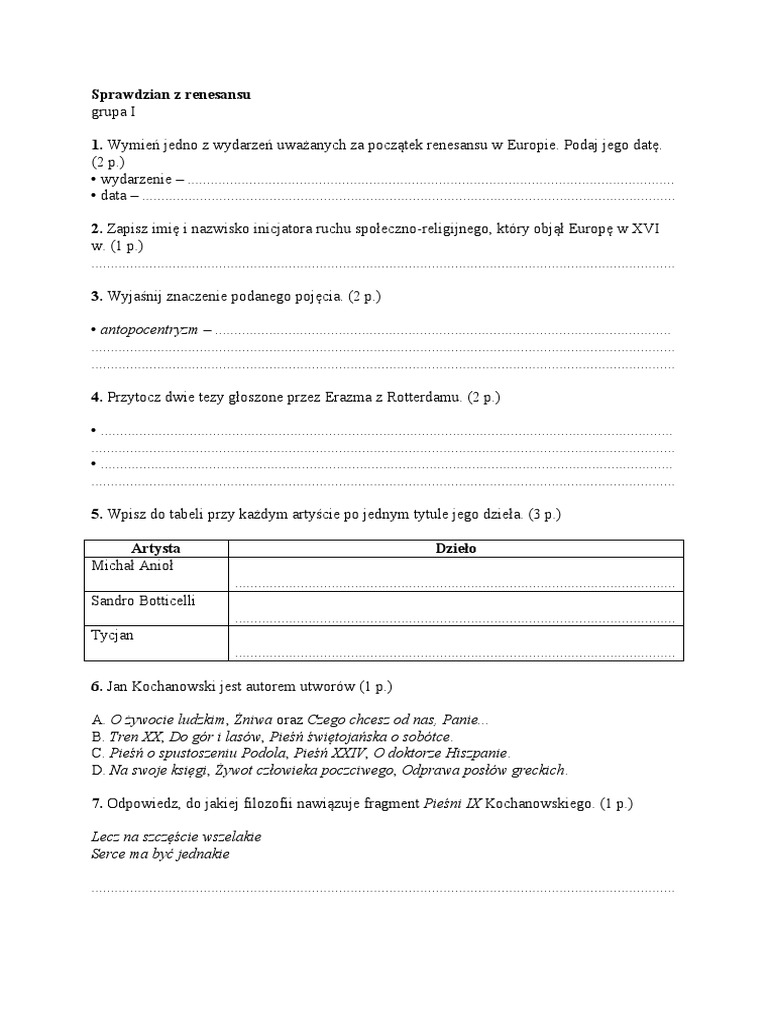 Sprawdzian Z Renesansu Grupa A Odpowiedzi Sprawdzian Z Renesansu - Gr. I | PDF