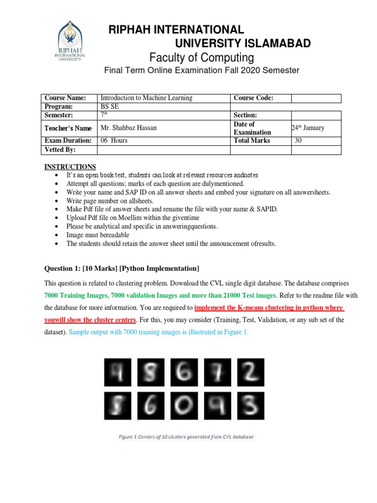 Final Exam: Machine Learning Course | PDF | Machine Learning ...