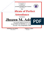 Certificate of Perfect Attendance: Jhozen M. Adriano