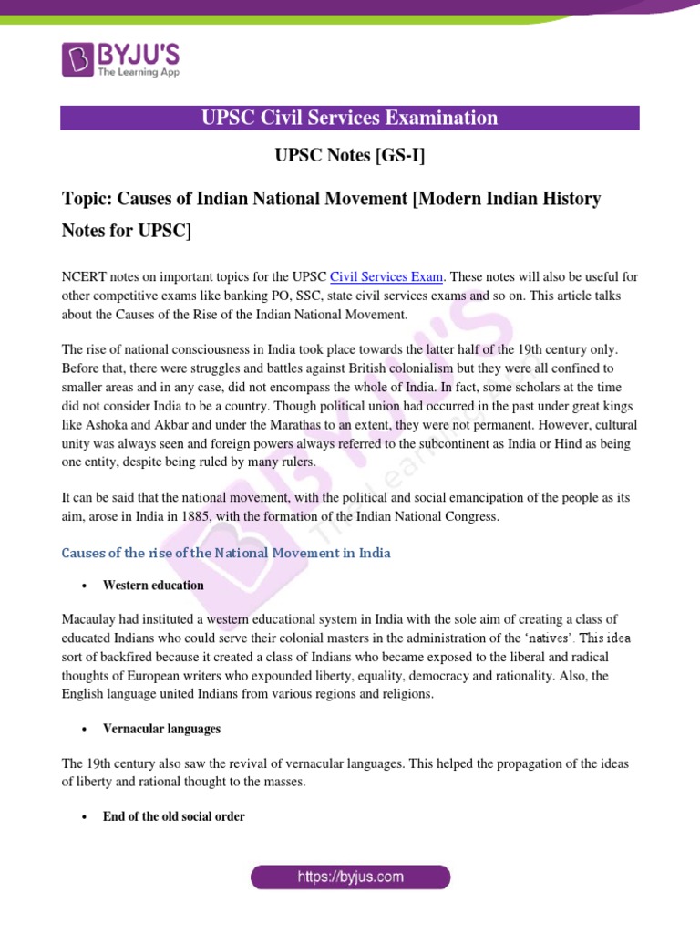 Causes of Indian National Movement Modern Indian History Notes For UPSC ...