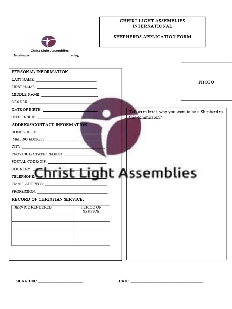 Christ Light Assemblies International Shepherds Application Form | PDF