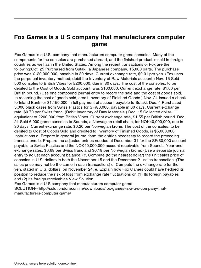 Fox Games Is A U S Company That Manufacturers Computer Game PDF