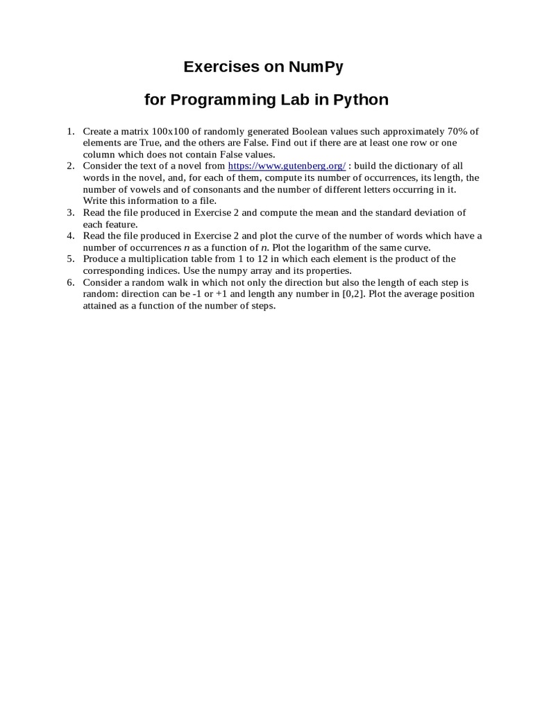Exercises On Numpy For Programming Lab in Python | PDF