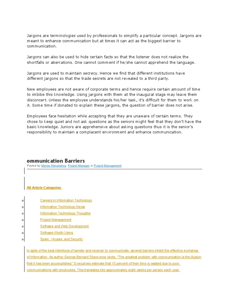 Jargon As Barrier To Communication PDF Communication Information
