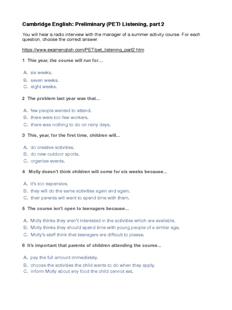 Cambridge English: Preliminary (PET) Listening, Part 2 | PDF | Adolescence