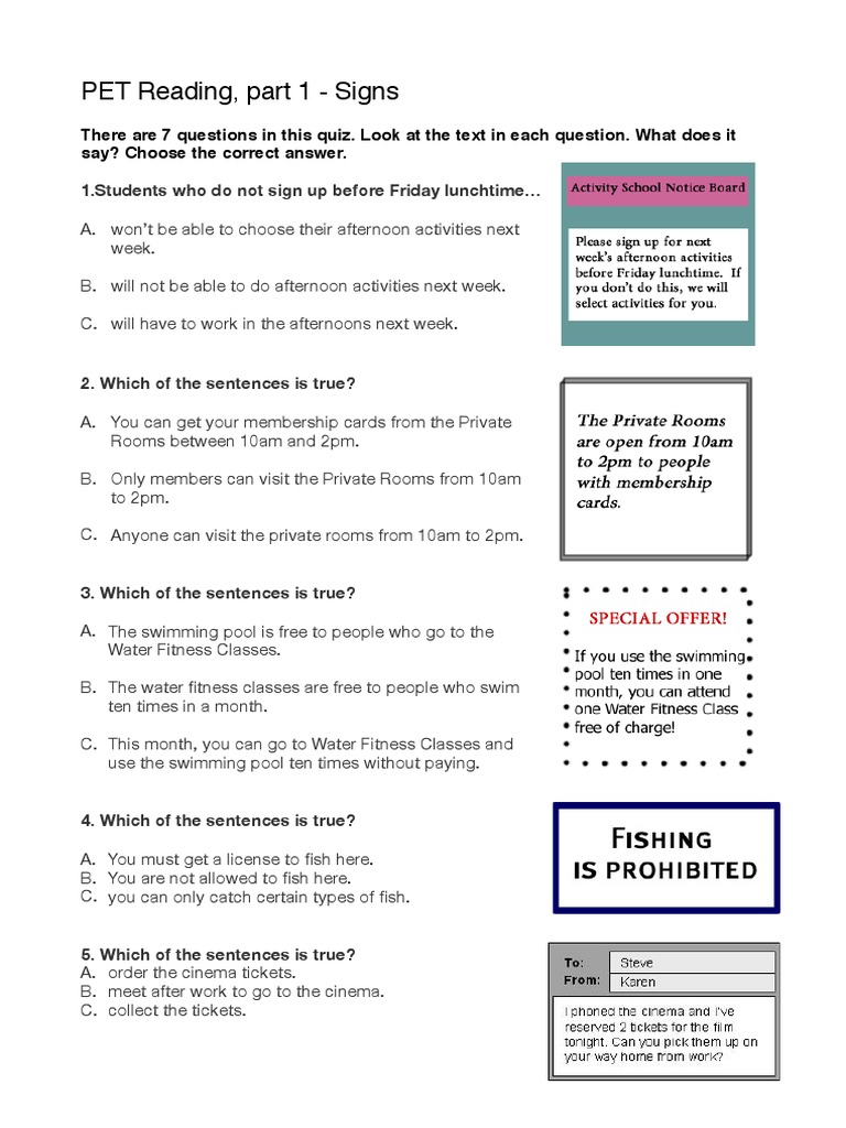 PET Reading Part 1: Signs Quiz | PDF