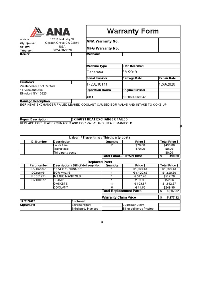 Warranty Form ANA Warranty No. MFG Warranty No PDF Propulsion