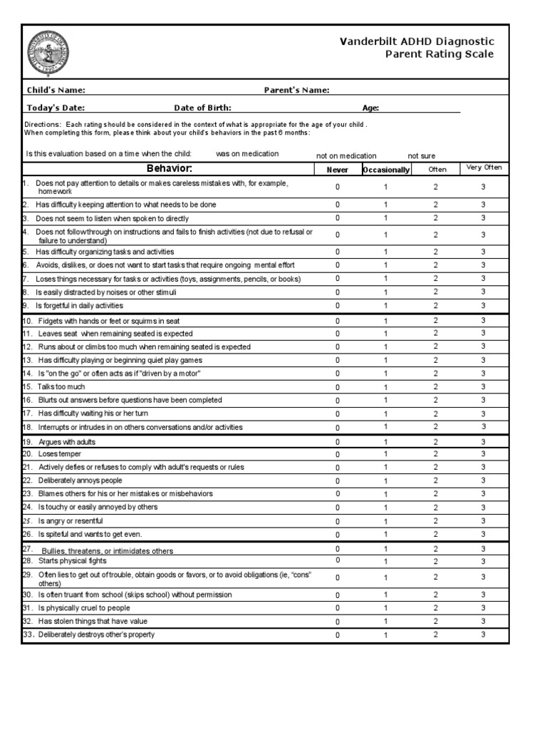 Vanderbilt ADHD Diagnostic Parent Rating Scale Child's Name Parent's