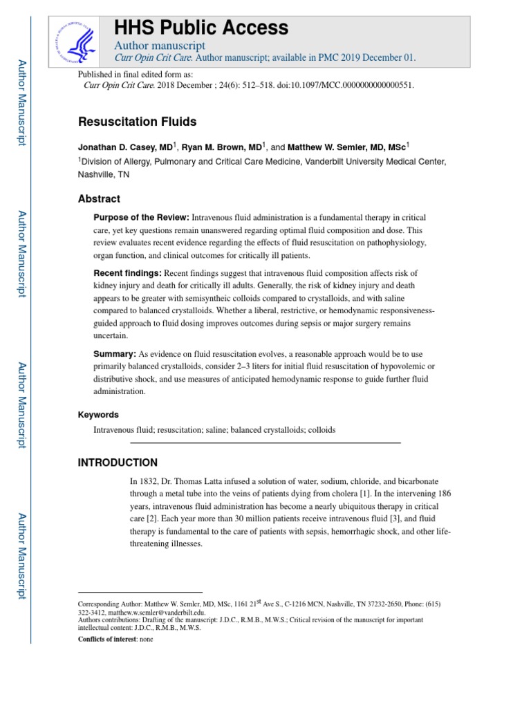 HHS Public Access: Resuscitation Fluids | Download Free PDF | Sepsis ...