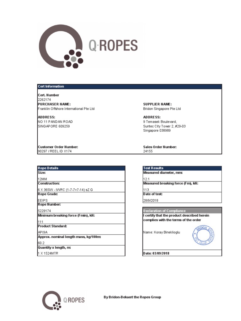 Wire Rope Test Certificate 12mm | PDF