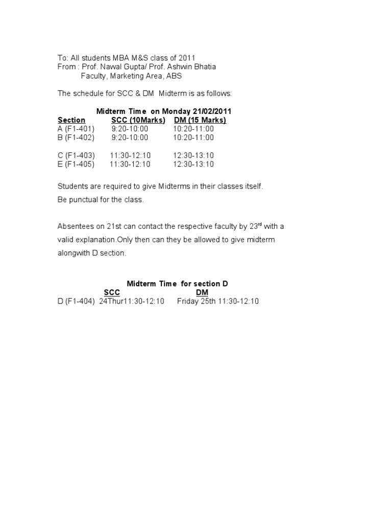 MBA M&S Midterm Schedule 2011 | PDF | Technology & Engineering