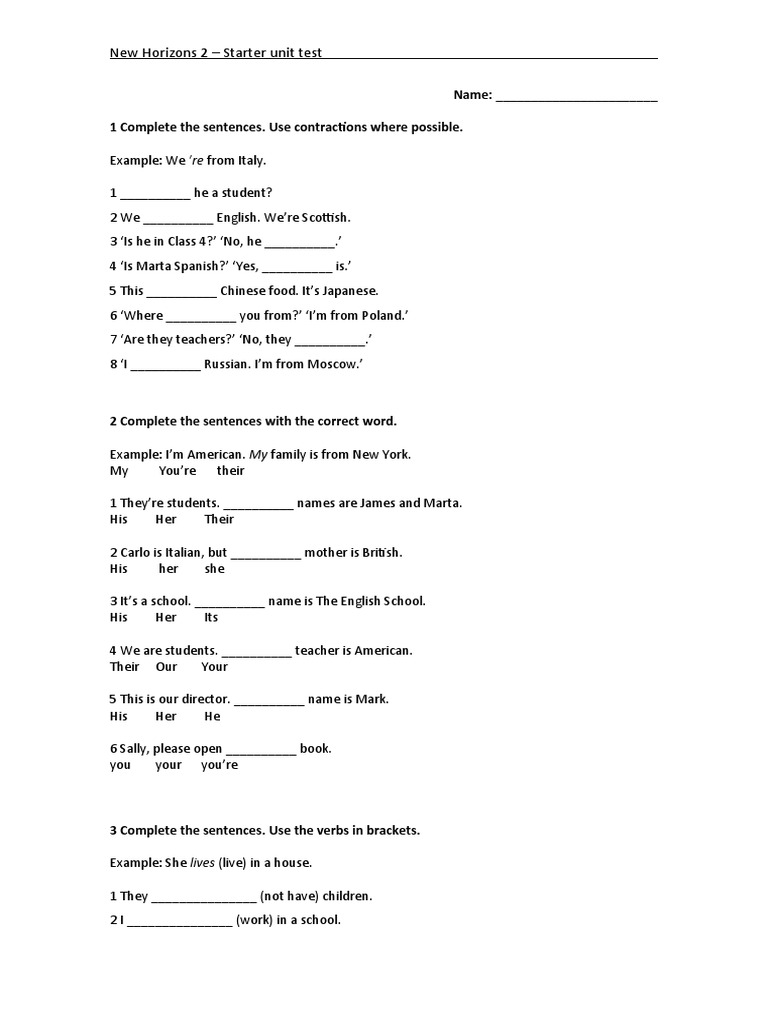 New Horizons 2 Starter Unit Test | PDF | English Language | Syntax