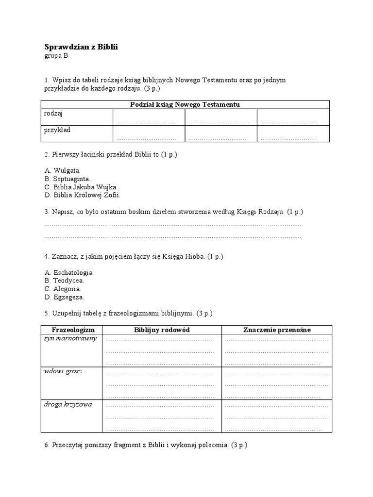 Test Z Biblii Liceum Z Odpowiedziami