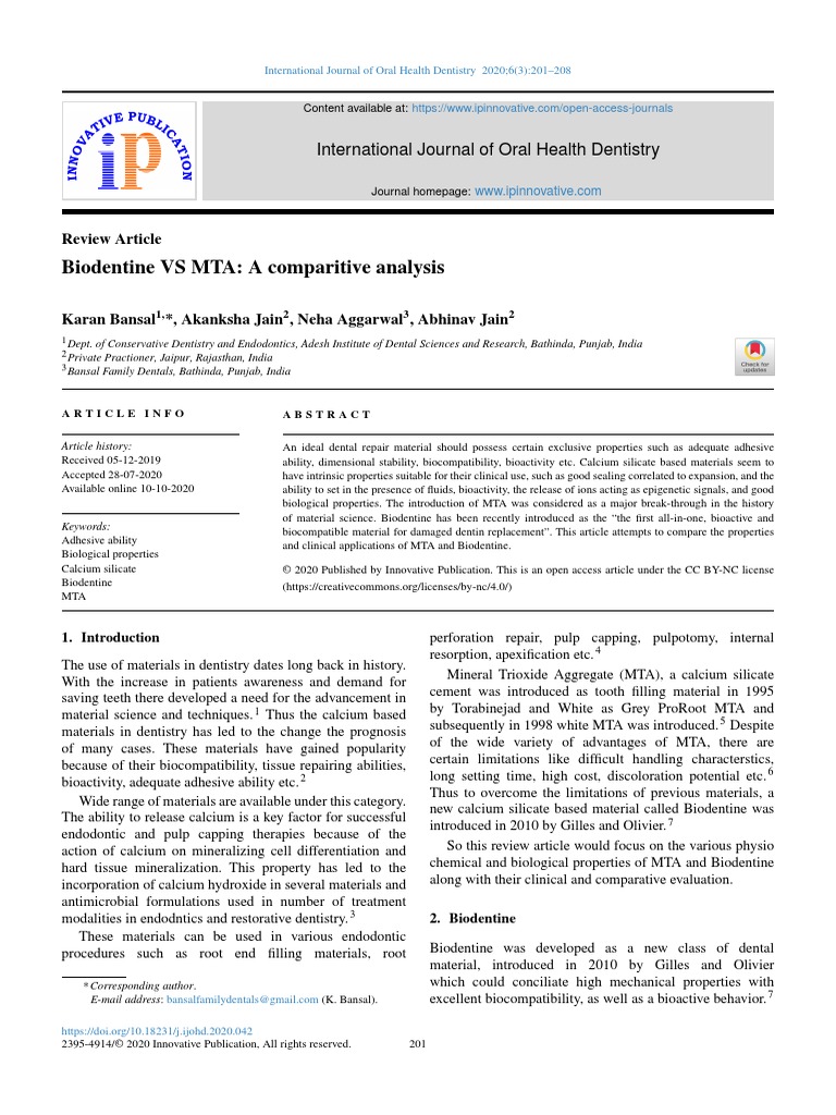 Biodentine Vs MTA | PDF | Dentistry | Dentistry Branches