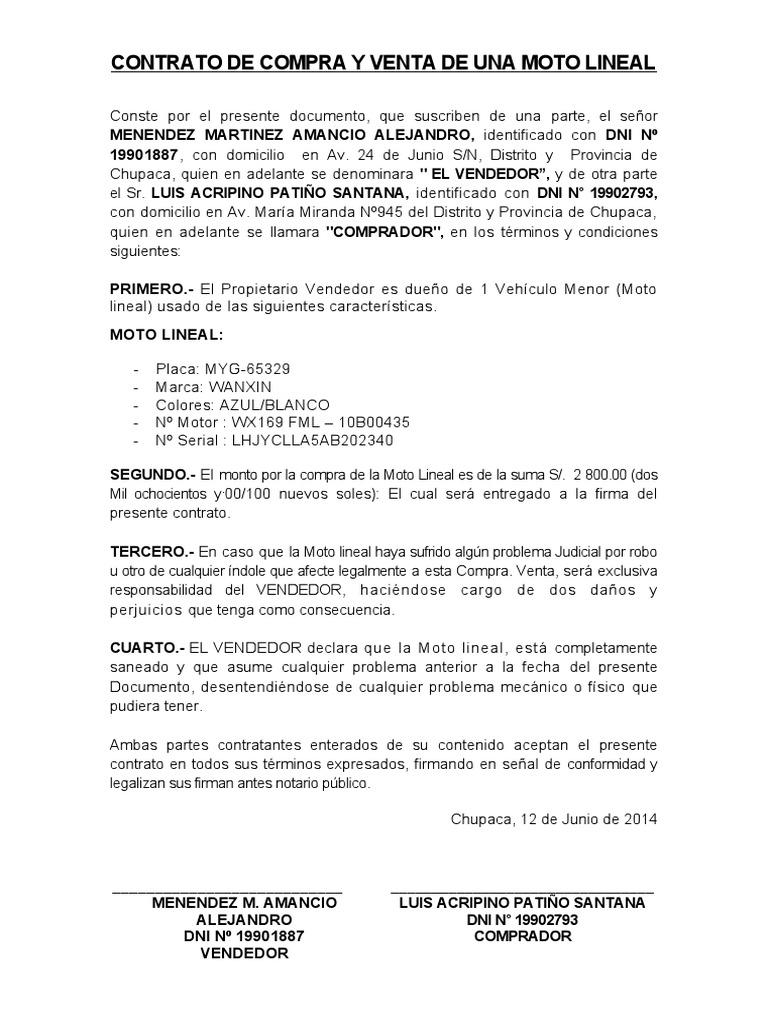Contrato de Compra y Venta de Moto Lineal - Basico | PDF