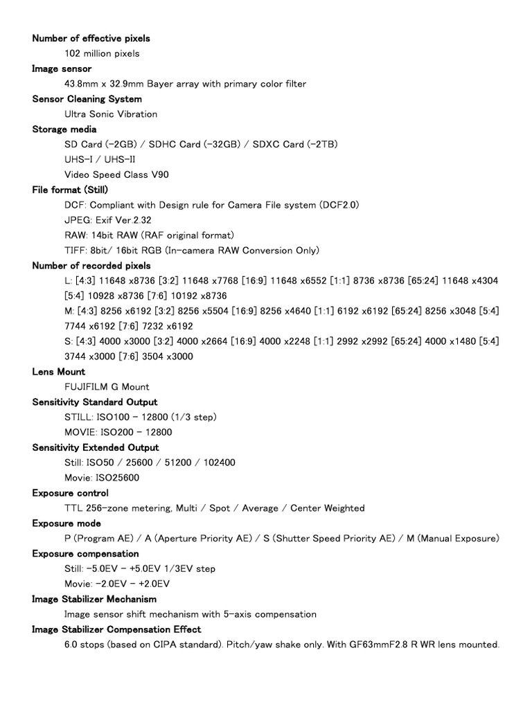 102MP Camera Specifications Overview | PDF | Exposure (Photography ...