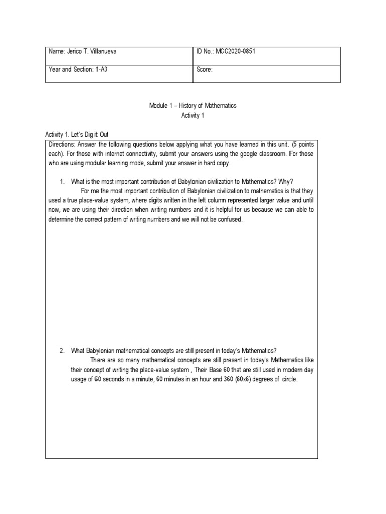 Villanueva Jerico (1A3) Module 1 Activity 1 - History of Mathematics | PDF