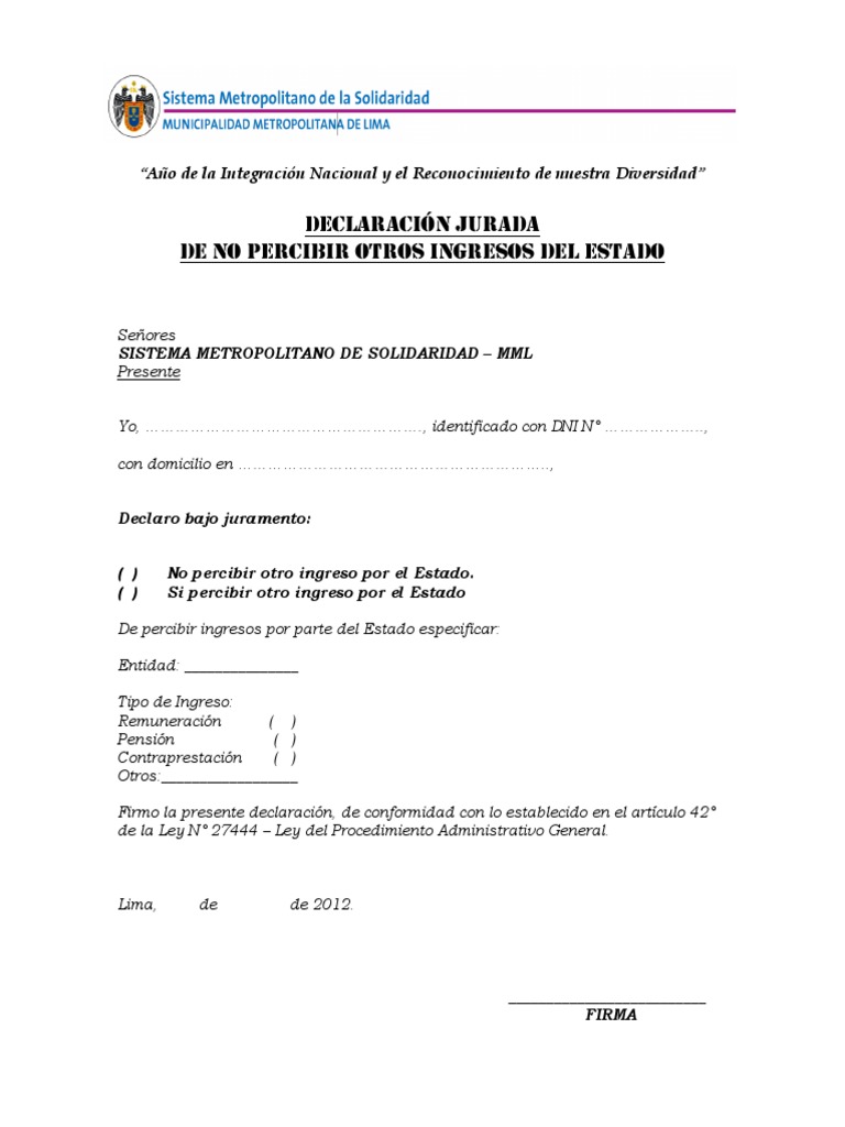 4 Declaracion Jurada de No Percibir Otros Ingresos Del Estado | PDF