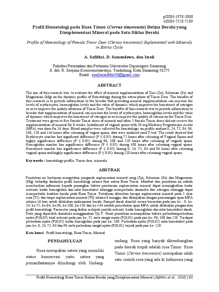 Profil Hematologi Pada Rusa Timor (Cervus Timorensis) Betina Berahi ...
