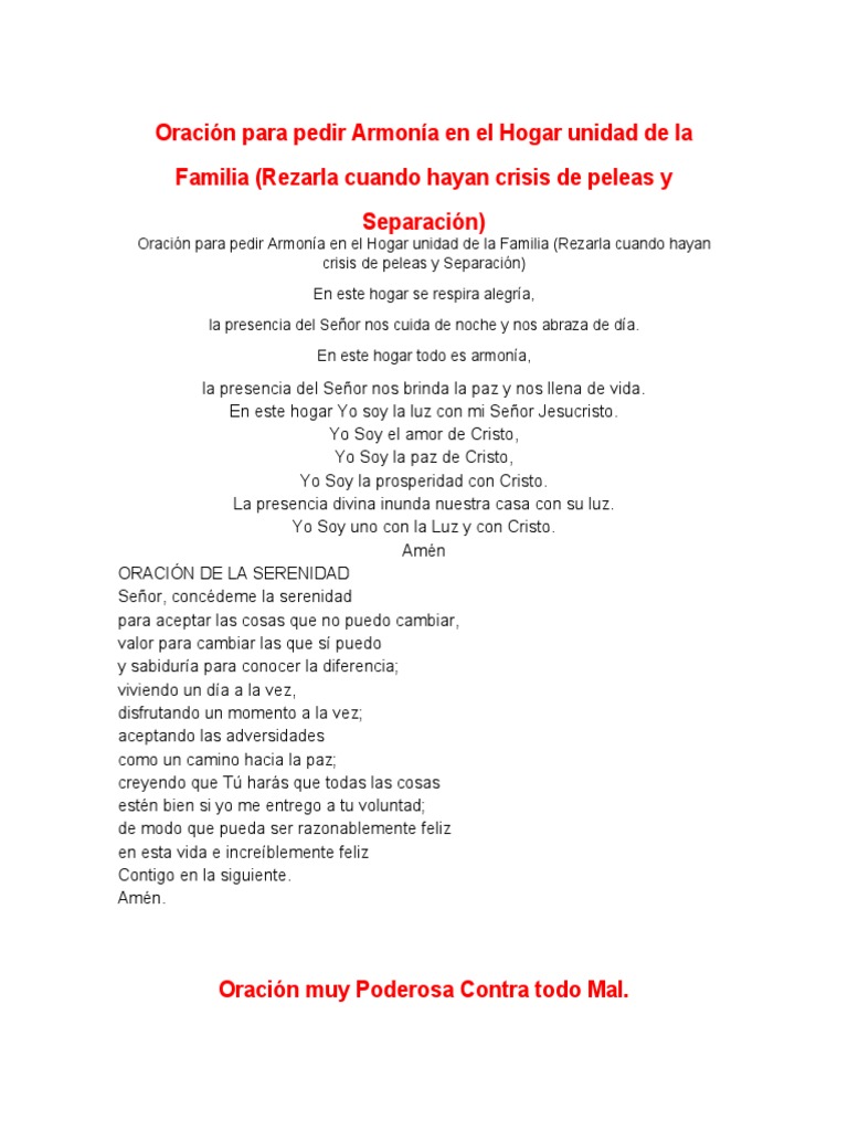 Oración para Pedir Armonía en El Hogar Unidad de La Familia (Rezarla ...