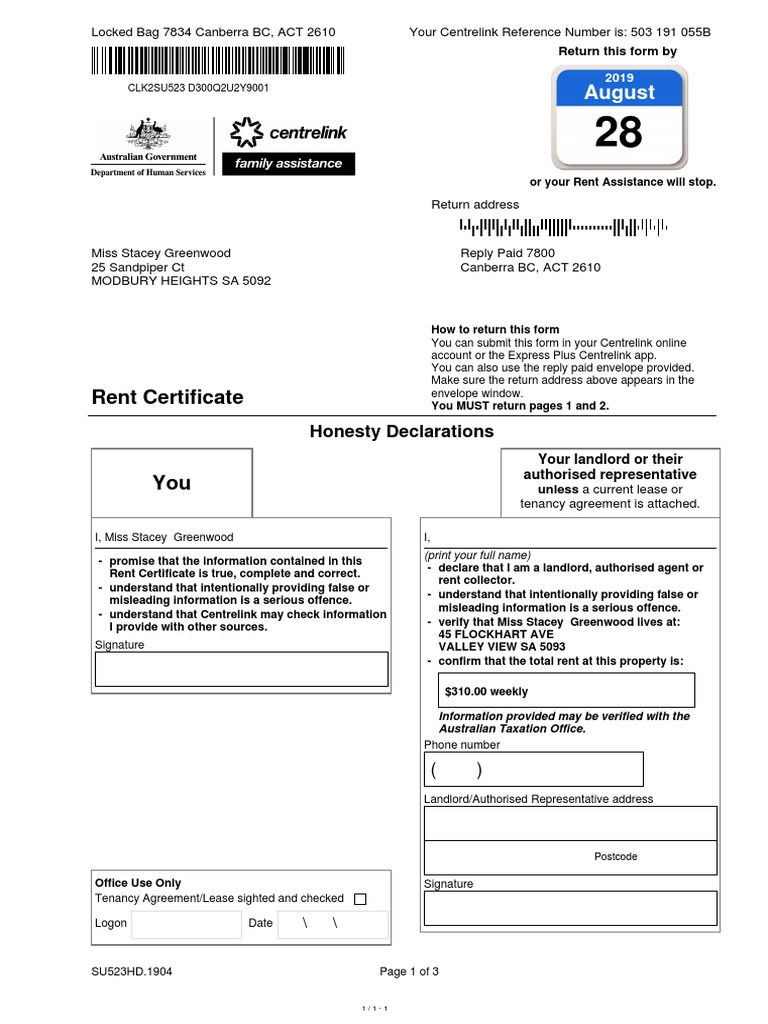 Rent Certificate: August | PDF | Privacy | Leasehold Estate