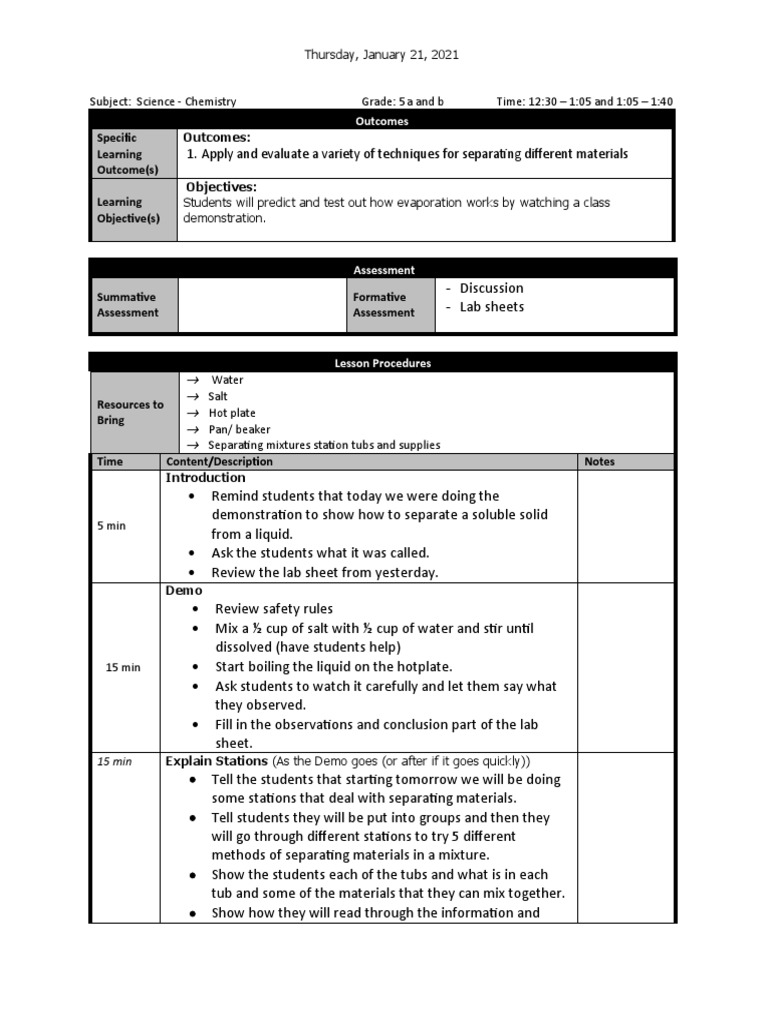 Jan 21 Evaporation Demo Lesson Plan PDF Educational Assessment