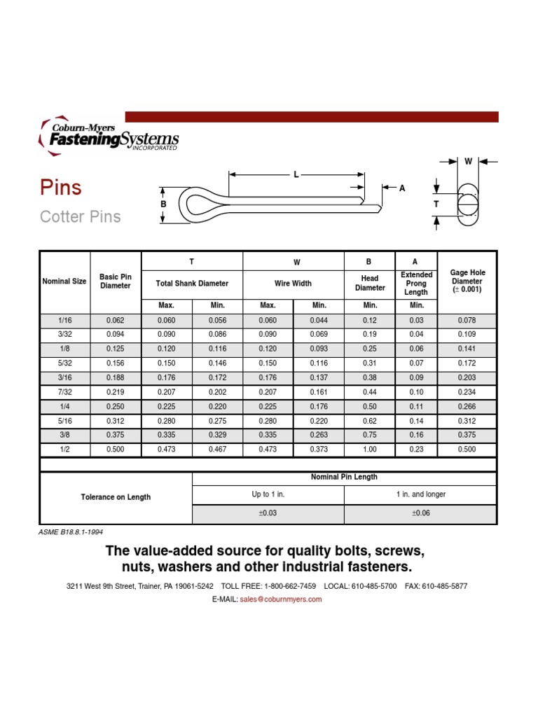 Cotter Pin Size Chart Pins Size Chart Pin