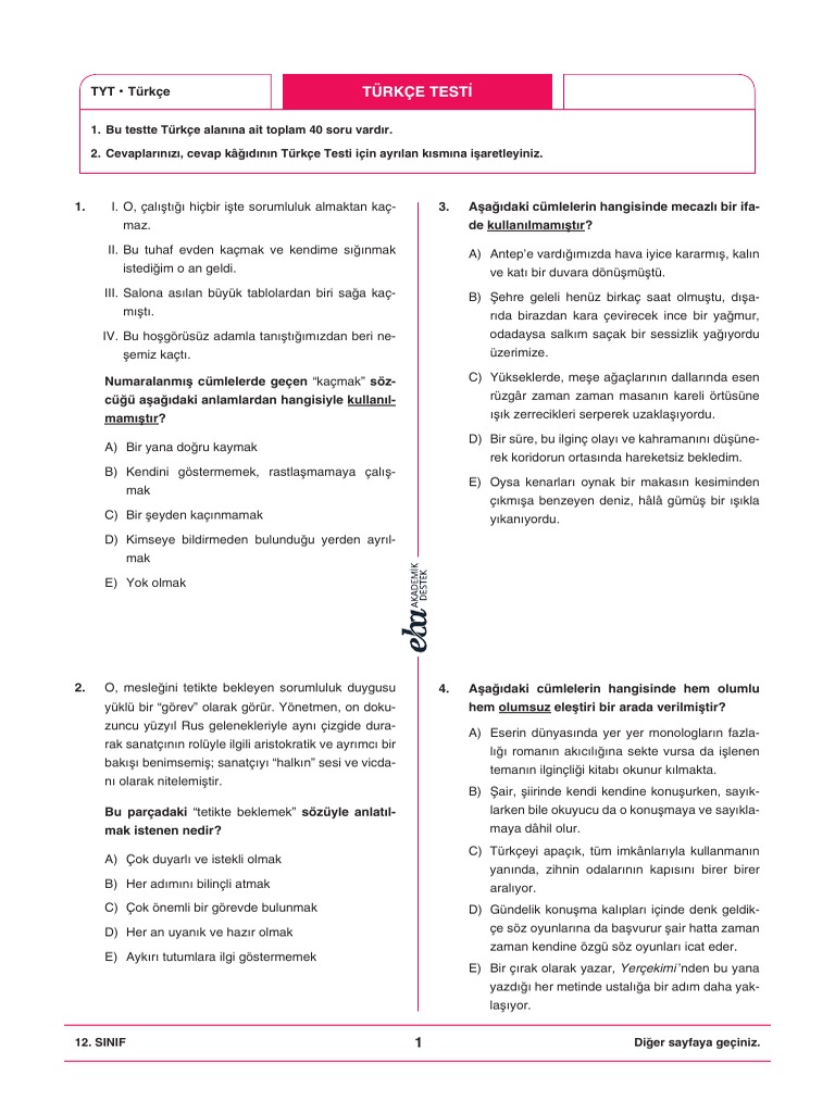 Türkçe Testi | PDF