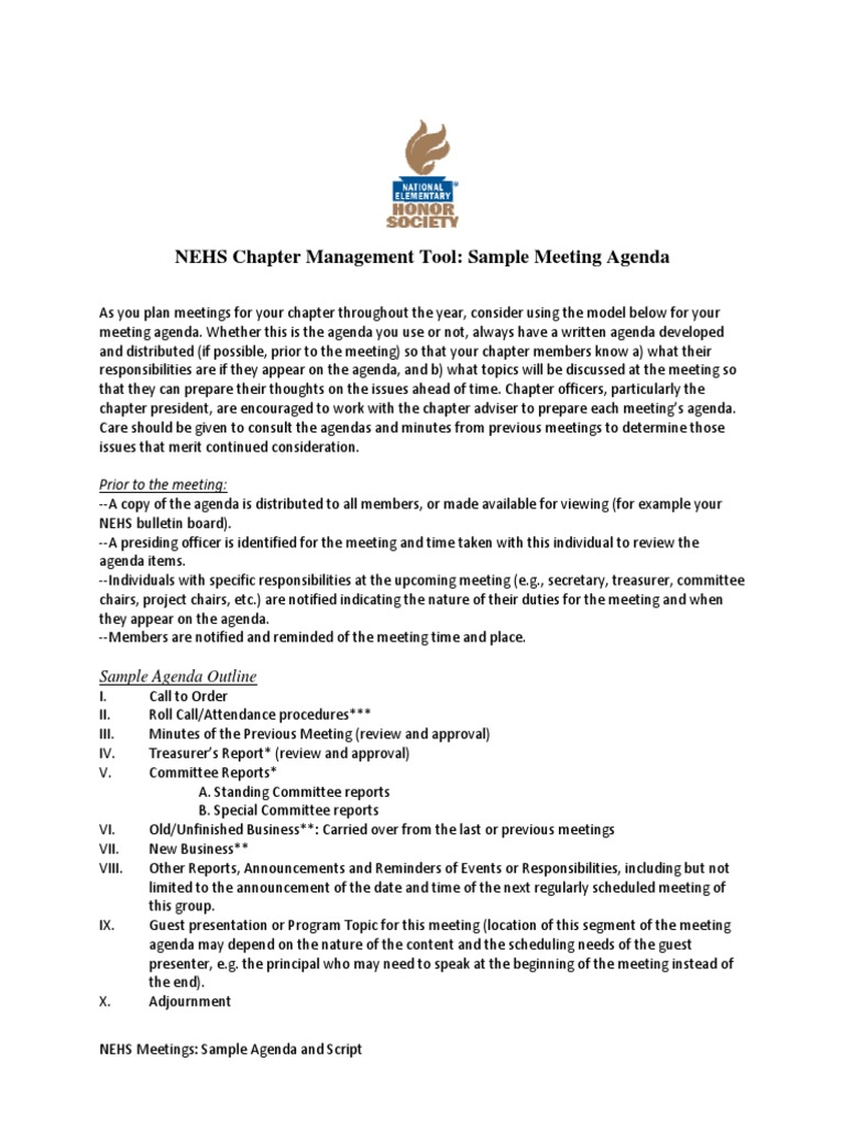 NEHS Meeting Agenda and Script Guide | PDF | Agenda (Meeting) | Government