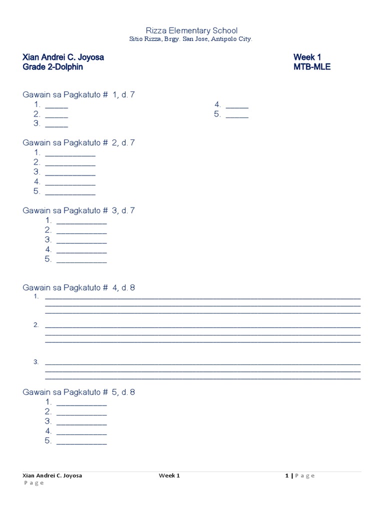 Rizza Elementary School Week 1 Activities | PDF | Career & Growth ...