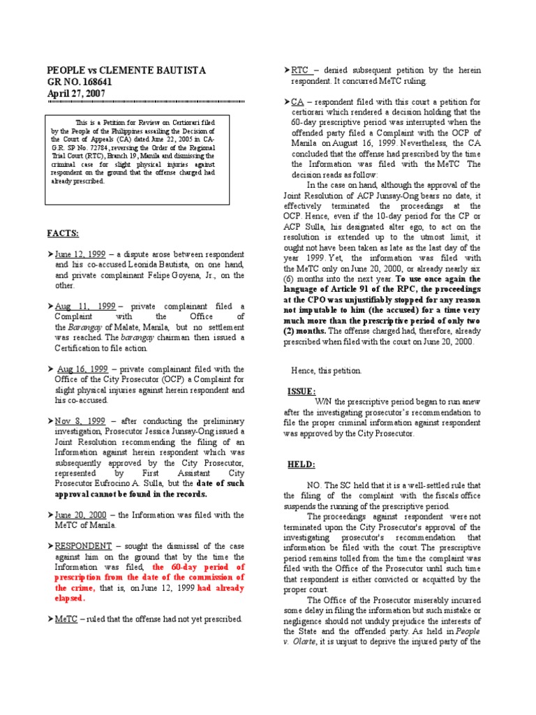PEOPLE Vs CLEMENTE BAUTISTA (RULE110 Sec 1) PDF Prosecutor