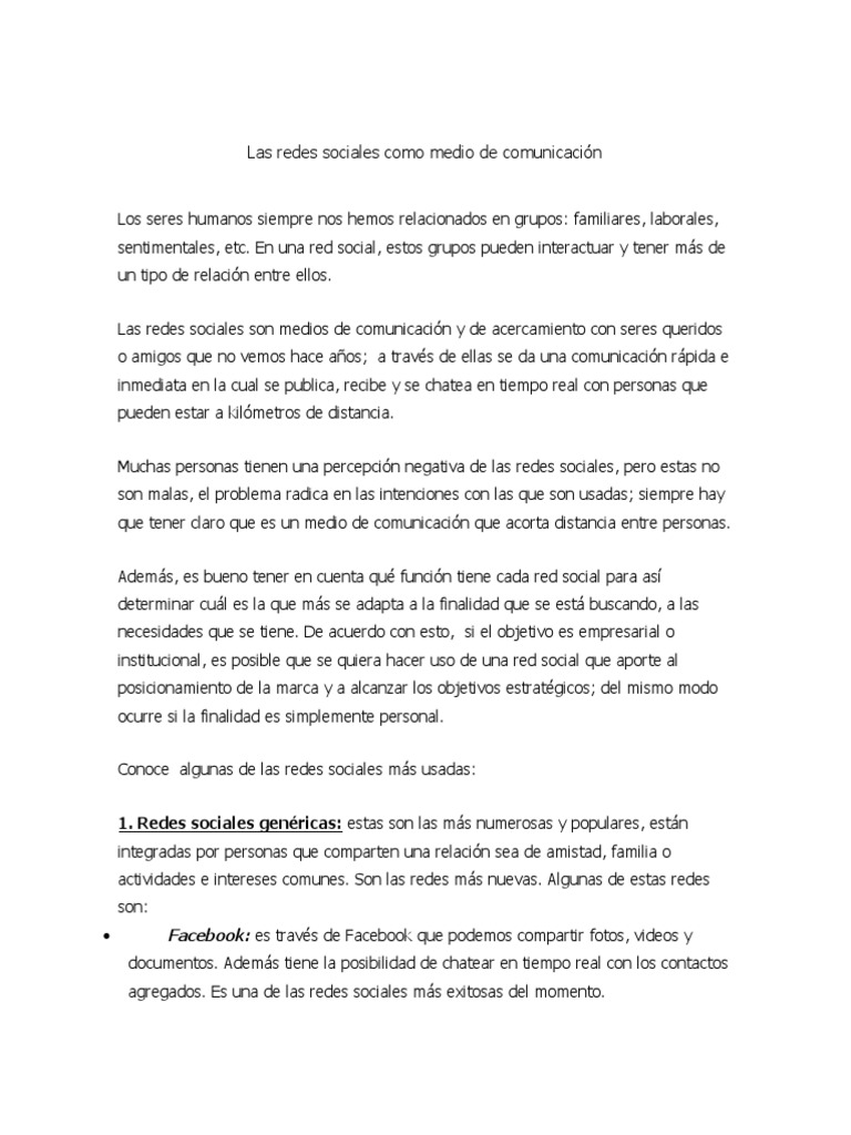 Las Redes Sociales Como Medio de Comunicación | PDF | Servicio de redes ...