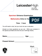 Specimen Entrance Exam for Year 6 Mathematics