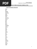 Exercises of Simple Inorganic Nomenclature: School of Sciences Department of Chemistry and Soil Sciences