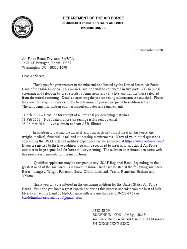 Air Force Band Mid America Tuba Audition 2021 Download Free PDF