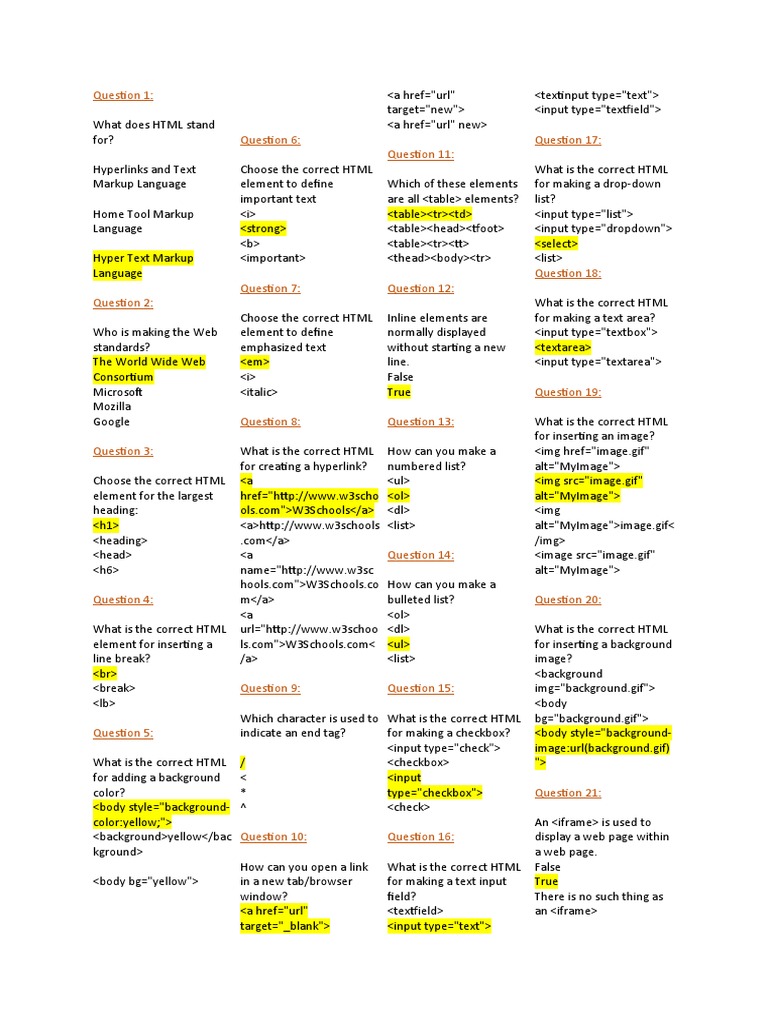 Revision 1 'HTML' Question | PDF | Html | Html Element