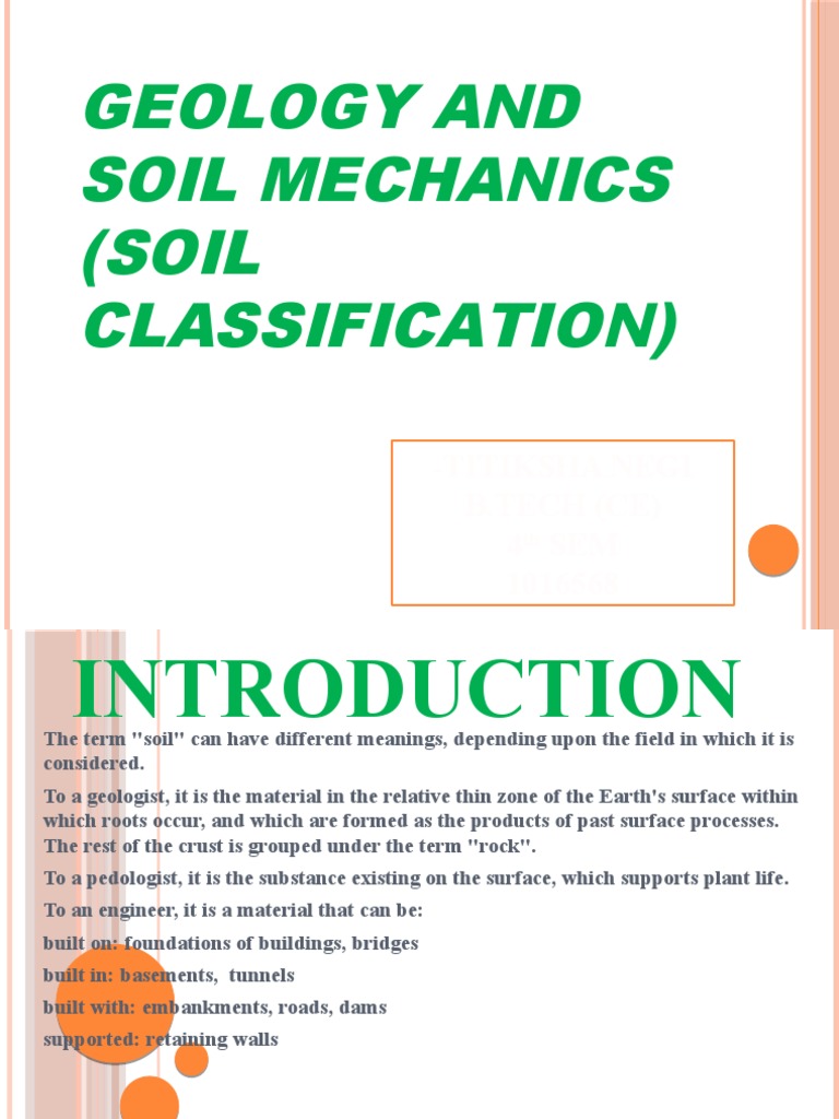 Geology And Soil Mechanics Soil Classification Titiksha Negi B