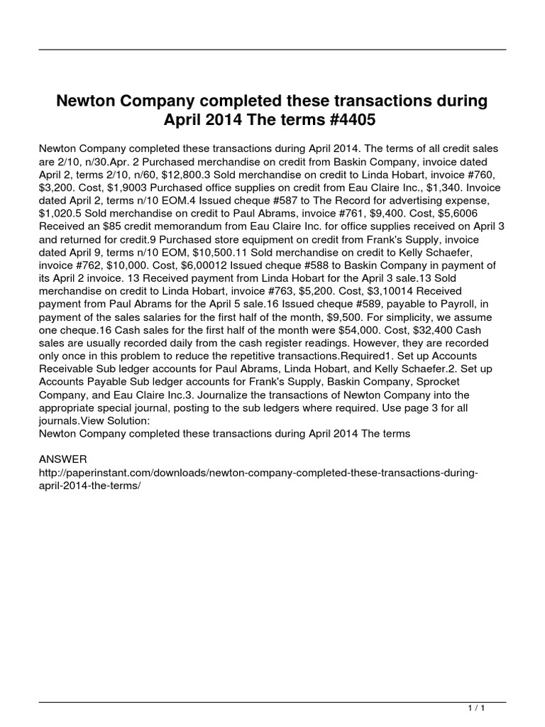 Newton Company Completed These Transactions During April 2014 The Terms